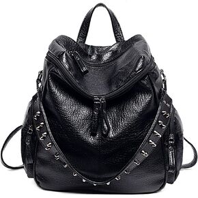 UTO Women Backpack Union Jack UK Flag Rivet Studded PU Washed Leather Purse Convertible Ladies Rucksack Shoulder Bag Black