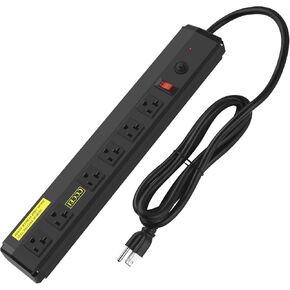 CCCEI Heavy Duty Power Strip Surge Protector 20 Amp, High Amp Industrial Shop Garage Metal Multiple Outlets, 4 FT 12 Gauge 5-15P Extension Cord 6 Outlet 6-20R T-Slot 20a for Appliance. Black.