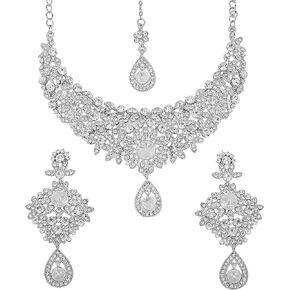 Touchstone NEW Indian Traditional Handcrafted Marvelous Floral White Rhinestone Wedding Bridal Designer Jewelry Necklace Long Earrings Mangtika Set In Silver Tone For Women. in Kuwait