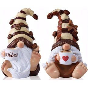 Vereemy 5.9'H Drinking Coffee Gnomes Statue Decoration 2PCS Couple Coffee Bar Accessories Decor Elfs Figurine Cute Resin Valentines Housewarming Gifts for Women Indoor Outdoor Home Ornament,Sit