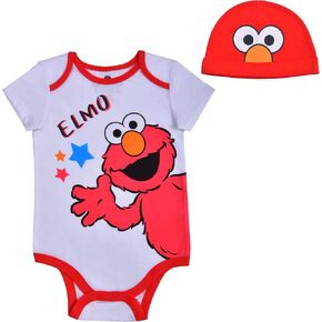 Sesame Street Elmo and Cookie Monster Boys Short Sleeve Bodysuit with Cap Set for Baby and Infant – Blue/White or Red/White