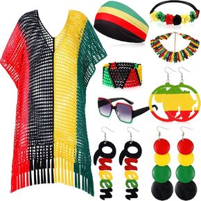 Bokon 9 Pieces Juneteenth Women African Jamaican Accessories Set, Jamaican Multicolor Rasta Turban Bikini Cover up Wooden Earrings Bracelet Necklace Headband Sunglasses in Kuwait