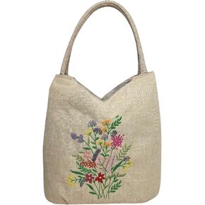 HCRAFT Embroidered Handbags for Women, Large Blue Shoulder Tote Bag with Zipper,13.8x6.3x14.5, Fabric Tote Bag, Hobo Bags For Women, Mother's Day Bag, Tote Bag Aesthetic with Inner Pocket in Kuwait