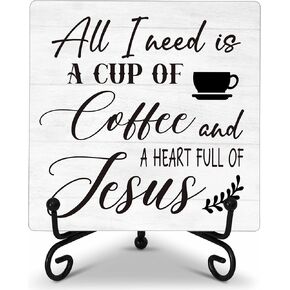Coffee Bar Desk Decor, All I Need Is A Cup Of Coffee, Wooden Plaque Sign With Iron Stand, Christian Decorations For Home Office, Rustic Wood Coffee Signs for Kitchen, Cafe, Coffee Station-34