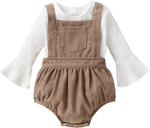 Tiny Cutey Newborn Baby Girl Clothes Bell Sleeve Romper and Corduroy Overalls Shorts Infant Girl Fall Outfits in Kuwait