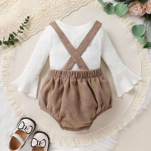 Tiny Cutey Newborn Baby Girl Clothes Bell Sleeve Romper and Corduroy Overalls Shorts Infant Girl Fall Outfits in Kuwait