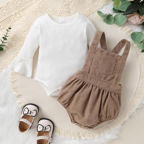 Tiny Cutey Newborn Baby Girl Clothes Bell Sleeve Romper and Corduroy Overalls Shorts Infant Girl Fall Outfits in Kuwait
