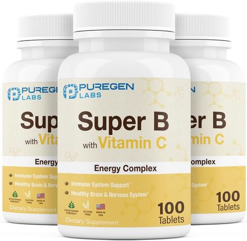 Puregen Labs مركب الطاقة الفائق B مع فيتامين C - دعم صحة المناعة والطاقة والجهاز العصبي - غير معدل وراثيًا وخالي من الغلوتين 100 قرص نباتي in Saudi Arabia
