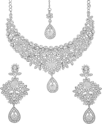Touchstone NEW Indian Traditional Handcrafted Marvelous Floral White Rhinestone Wedding Bridal Designer Jewelry Necklace Long Earrings Mangtika Set In Silver Tone For Women. in Kuwait