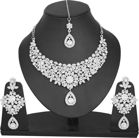 Touchstone NEW Indian Traditional Handcrafted Marvelous Floral White Rhinestone Wedding Bridal Designer Jewelry Necklace Long Earrings Mangtika Set In Silver Tone For Women. in Kuwait