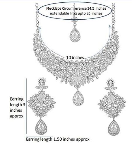 Touchstone NEW Indian Traditional Handcrafted Marvelous Floral White Rhinestone Wedding Bridal Designer Jewelry Necklace Long Earrings Mangtika Set In Silver Tone For Women. in Kuwait