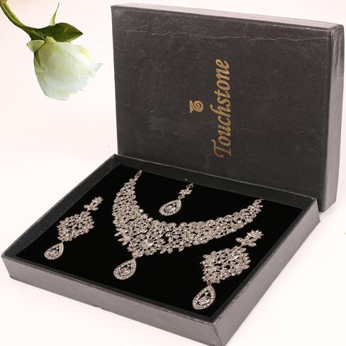 Touchstone NEW Indian Traditional Handcrafted Marvelous Floral White Rhinestone Wedding Bridal Designer Jewelry Necklace Long Earrings Mangtika Set In Silver Tone For Women. in Kuwait