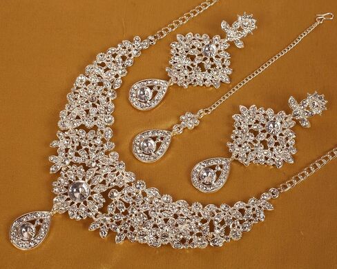 Touchstone NEW Indian Traditional Handcrafted Marvelous Floral White Rhinestone Wedding Bridal Designer Jewelry Necklace Long Earrings Mangtika Set In Silver Tone For Women. in Kuwait