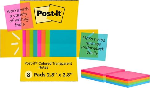 Post-it Transparent Notes, Clear Sticky Notes to Markup Textbooks and Planners Safely, Minimalist Aesthetic School Supplies for College Students, Stationery Artists, and More, 3x3 in, 12 Pads in Saudi Arabia