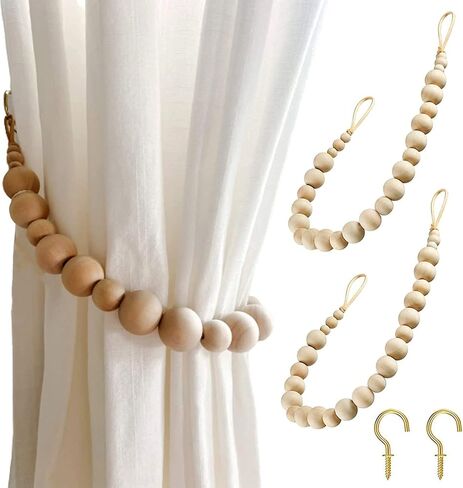 Set of 2 Wood Bead Curtain Tieback, Boho Curtain Holdbacks, Farmhouse Decorative Curtain Holders for Drapes (Round) in Kuwait