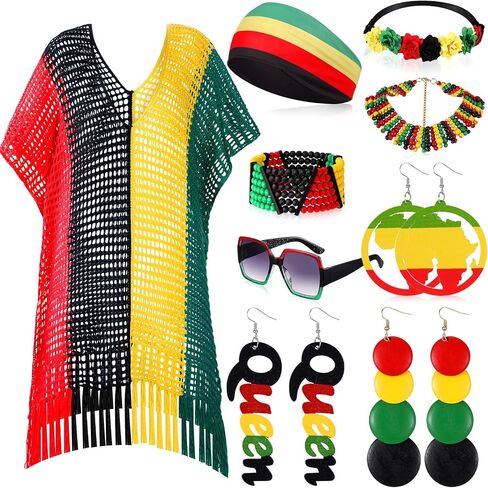 Bokon 9 Pieces Juneteenth Women African Jamaican Accessories Set, Jamaican Multicolor Rasta Turban Bikini Cover up Wooden Earrings Bracelet Necklace Headband Sunglasses in Kuwait