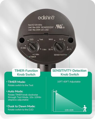 EDISHINE Motion Sensor, Automatic Dusk to Dawn, 180-Degree Replacement Motion Sensor, Adjustable Time & Detection Range Up to 60FT, Outdoor Motion Sensor for Security Floodlight, UL Listed, 2 Pack in Kuwait