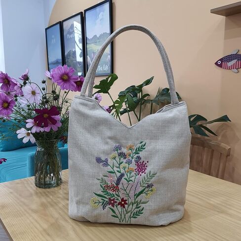 HCRAFT Embroidered Handbags for Women, Large Blue Shoulder Tote Bag with Zipper,13.8x6.3x14.5, Fabric Tote Bag, Hobo Bags For Women, Mother's Day Bag, Tote Bag Aesthetic with Inner Pocket in Kuwait