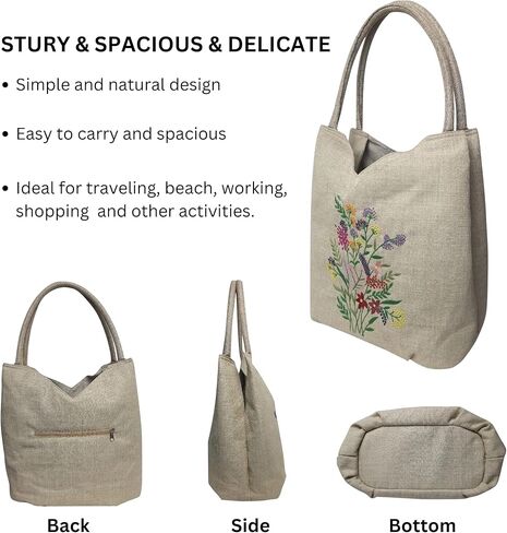 HCRAFT Embroidered Handbags for Women, Large Blue Shoulder Tote Bag with Zipper,13.8x6.3x14.5, Fabric Tote Bag, Hobo Bags For Women, Mother's Day Bag, Tote Bag Aesthetic with Inner Pocket in Kuwait