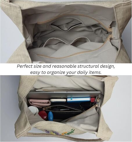 HCRAFT Embroidered Handbags for Women, Large Blue Shoulder Tote Bag with Zipper,13.8x6.3x14.5, Fabric Tote Bag, Hobo Bags For Women, Mother's Day Bag, Tote Bag Aesthetic with Inner Pocket in Kuwait