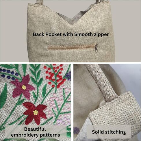 HCRAFT Embroidered Handbags for Women, Large Blue Shoulder Tote Bag with Zipper,13.8x6.3x14.5, Fabric Tote Bag, Hobo Bags For Women, Mother's Day Bag, Tote Bag Aesthetic with Inner Pocket in Kuwait