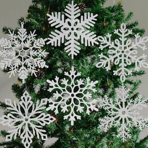 6pcs Large White Snowflakes Christmas Ornaments- 12" Big Plastic Glitter Hanging Snow Flakes for Christmas Tree Decorations Winter Indoor Outdoor Window Home Decor Giant Craft Snowflakes