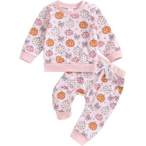 Kayotuas Baby Halloween Outfit Girl Boy Skeleton/Pumpkin Crewneck Sweatshirt Long Sleeve Top & Pants Set Fall Winter Clothes