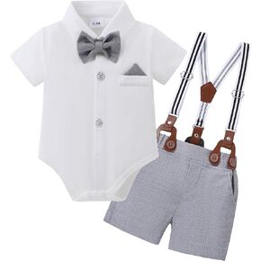 DISAUR Baby Boy Clothes Suits, Gentleman Outfit Dress Romper + Beret Hat + Suspender Pants + Bow Tie Wedding Set 3-24 Months
