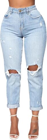 SheKiss Womens High Waisted Distressed Boyfriend Jeans Bootcut Petite Stretchy Straight Leg Trendy Denim Jeans in Saudi Arabia