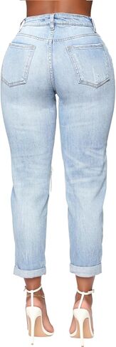 SheKiss Womens High Waisted Distressed Boyfriend Jeans Bootcut Petite Stretchy Straight Leg Trendy Denim Jeans in Saudi Arabia