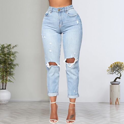 SheKiss Womens High Waisted Distressed Boyfriend Jeans Bootcut Petite Stretchy Straight Leg Trendy Denim Jeans in Saudi Arabia