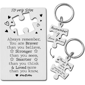 to My Son Wallet Card from Mom, Engraved Wallet Insert Card Graduation Christmas Wedding Birthday Sentimental Gifts for Son with Cute Puzzle Piece Keychain Engraved Set PTK17
