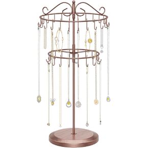 iDavosic.ly 2 Tier Rotating Necklace Organizer, Adjustable Metal Necklace Holder with 42 Hooks, Extra Tall Bracelet Keychain Spinning Display Stand Tree Tower for Women Girl, Black