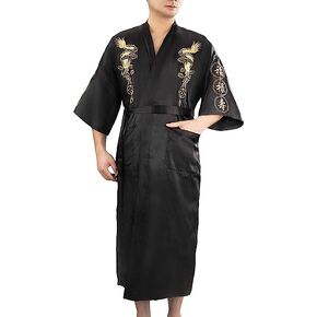 Chinese Men's Silk Satin Embroider Kimono Robe Gown Dragon (White, L)