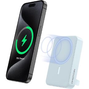 OMOTON Portable Charger Power Bank - 10000mAh Magnetic Fast Charging Battery Pack for iPhone 15 (Above 11 Series), LED Display Indicators and Foldable Stand- Blue