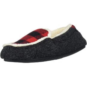 Dearfoams unisex child Hunter Felted Plaid Moccasin Slipper, Black Solid, 7-8 Big Kid US
