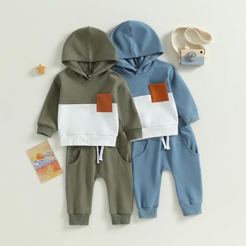 Ursobutegl Toddler Baby Boy Clothes Color Block Hooded Sweatshirt Pullover Jogger Pants 2Pcs Fall Winter Sweatsuit Outfit (green block, 12-18 Months) in Kuwait