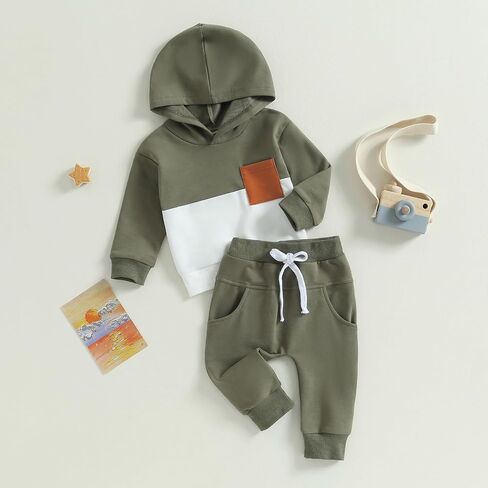 Ursobutegl Toddler Baby Boy Clothes Color Block Hooded Sweatshirt Pullover Jogger Pants 2Pcs Fall Winter Sweatsuit Outfit in Kuwait