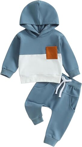 Ursobutegl Toddler Baby Boy Clothes Color Block Hooded Sweatshirt Pullover Jogger Pants 2Pcs Fall Winter Sweatsuit Outfit (green block, 12-18 Months) in Kuwait