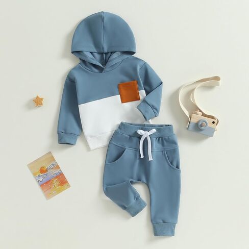 Ursobutegl Toddler Baby Boy Clothes Color Block Hooded Sweatshirt Pullover Jogger Pants 2Pcs Fall Winter Sweatsuit Outfit (green block, 12-18 Months) in Kuwait