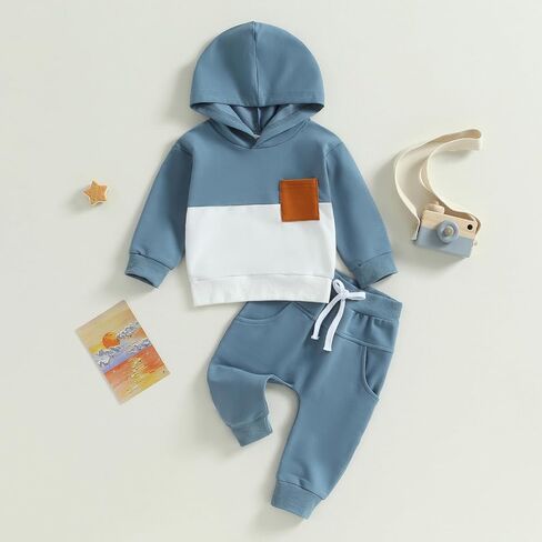 Ursobutegl Toddler Baby Boy Clothes Color Block Hooded Sweatshirt Pullover Jogger Pants 2Pcs Fall Winter Sweatsuit Outfit (green block, 12-18 Months) in Kuwait