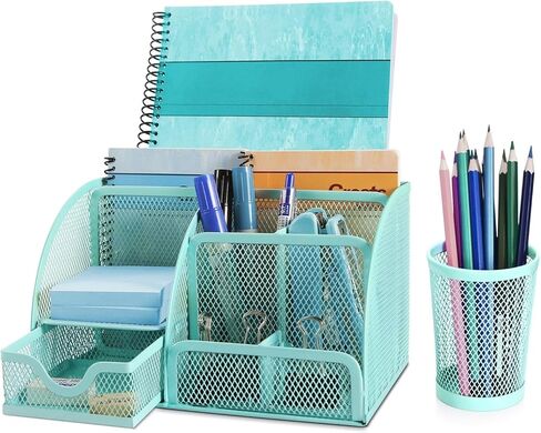 Flexzion Desk Top Caddy Organizer - Black Office Desk Accessories Organizer and Storage - Metal Mesh Desk with 6 Compartments, Drawer and Pen Holder in Kuwait