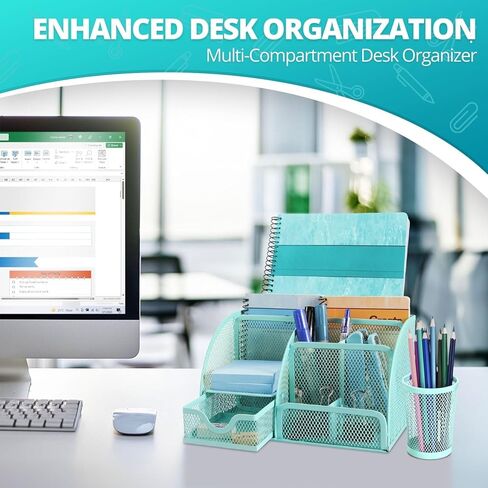 Flexzion Desk Top Caddy Organizer - Black Office Desk Accessories Organizer and Storage - Metal Mesh Desk with 6 Compartments, Drawer and Pen Holder in Kuwait
