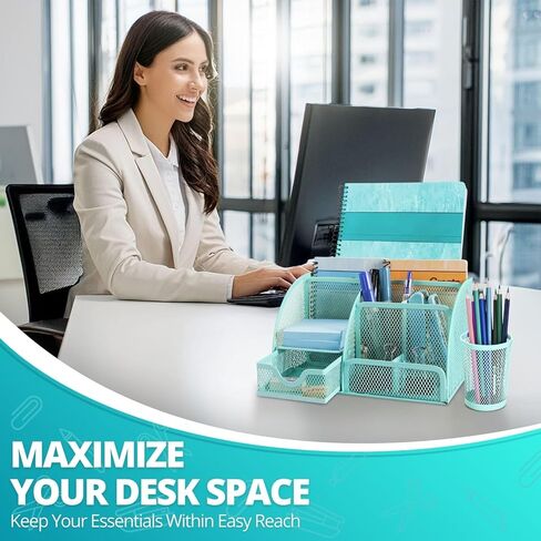 Flexzion Desk Top Caddy Organizer - Black Office Desk Accessories Organizer and Storage - Metal Mesh Desk with 6 Compartments, Drawer and Pen Holder in Kuwait