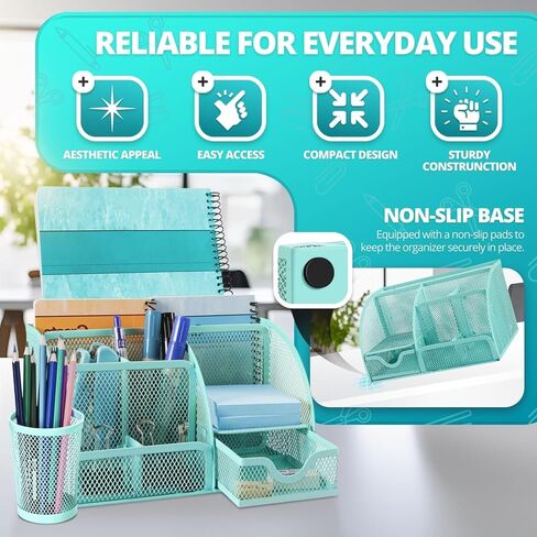 Flexzion Desk Top Caddy Organizer - Black Office Desk Accessories Organizer and Storage - Metal Mesh Desk with 6 Compartments, Drawer and Pen Holder in Kuwait