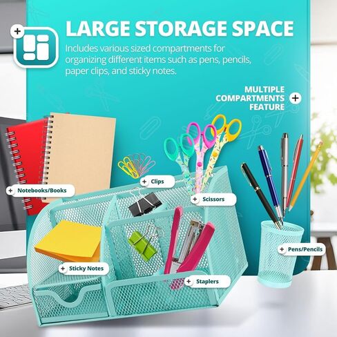 Flexzion Desk Top Caddy Organizer - Black Office Desk Accessories Organizer and Storage - Metal Mesh Desk with 6 Compartments, Drawer and Pen Holder in Kuwait