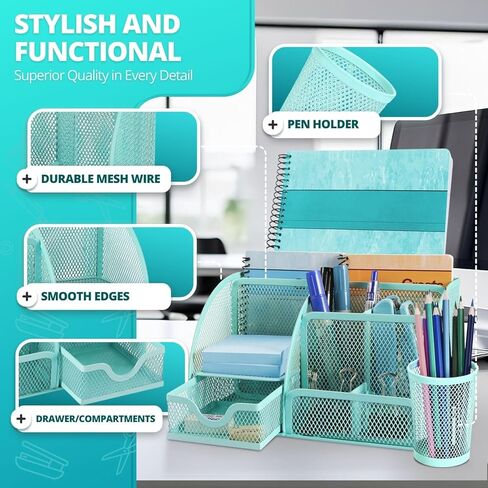 Flexzion Desk Top Caddy Organizer - Black Office Desk Accessories Organizer and Storage - Metal Mesh Desk with 6 Compartments, Drawer and Pen Holder in Kuwait