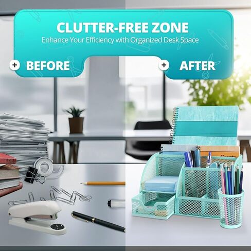 Flexzion Desk Top Caddy Organizer - Black Office Desk Accessories Organizer and Storage - Metal Mesh Desk with 6 Compartments, Drawer and Pen Holder in Kuwait