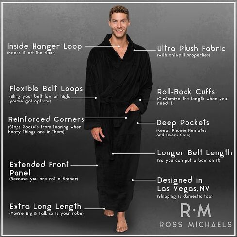 Ross Michaels Mens Robe Plush Big and Tall - Long Fleece Spa Bath Robe with Pockets - Bathrobe Gift for Men and Teens in Saudi Arabia