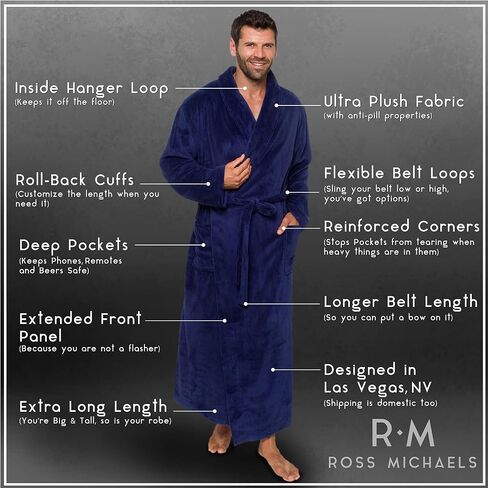 Ross Michaels Mens Robe Plush Big and Tall - Long Fleece Spa Bath Robe with Pockets - Bathrobe Gift for Men and Teens in Saudi Arabia